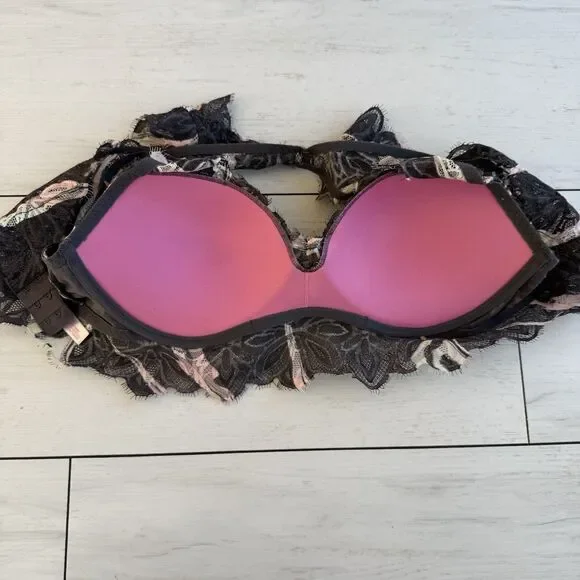 Victorias Secret PINK Date Push Up Bralette Size Medium Gray Floral Lace - Picture 10 of 11